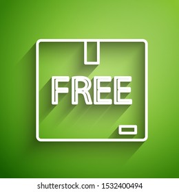White line Cardboard box with free symbol icon isolated on green background. Box package or parcel sign. Delivery transportation and shipping.  Vector Illustration