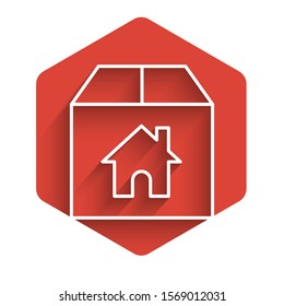White line Cardboard box with house symbol icon isolated with long shadow. Box, package, parcel sign. Delivery, transportation and shipping. Red hexagon button. Vector Illustration