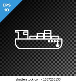 White line Cargo ship with boxes delivery service icon isolated on transparent dark background. Delivery, transportation. Freighter with parcels, boxes, goods.  Vector Illustration