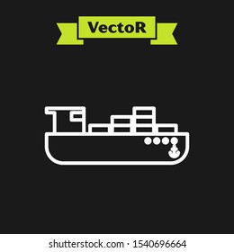 White line Cargo ship with boxes delivery service icon isolated on black background. Delivery, transportation. Freighter with parcels, boxes, goods.  Vector Illustration