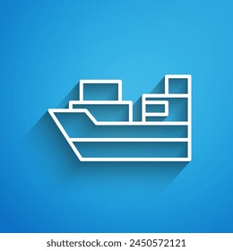 White line Cargo ship with boxes delivery service icon isolated on blue background. Delivery, transportation. Freighter with parcels, boxes, goods. Long shadow. Vector