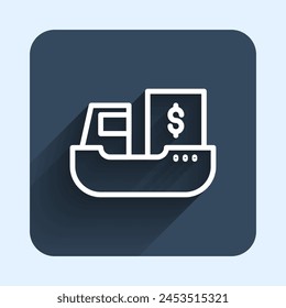 White line Cargo ship with boxes delivery service icon isolated with long shadow background. Delivery, transportation. Freighter with parcels, boxes, goods. Blue square button. Vector