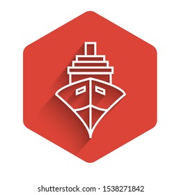 White line Cargo ship icon isolated with long shadow. Red hexagon button. Vector Illustration