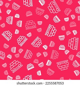 White line Cargo train wagon icon isolated seamless pattern on red background. Full freight car. Railroad transportation.  Vector