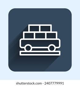 White line Cargo train wagon icon isolated with long shadow background. Full freight car. Railroad transportation. Blue square button. Vector