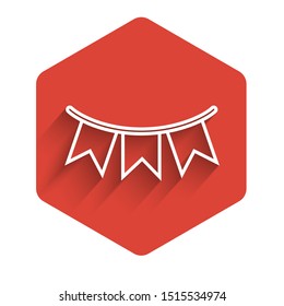 White line Carnival garland with flags icon isolated with long shadow. Party pennants for birthday celebration, festival and fair decoration. Red hexagon button. Vector Illustration