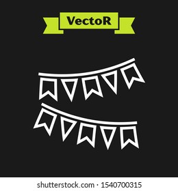 White line Carnival garland with flags icon isolated on black background. Party pennants for birthday celebration, festival and fair decoration.  Vector Illustration