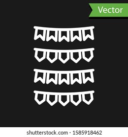 White line Carnival garland with flags icon isolated on black background. Party pennants for birthday celebration, festival and fair decoration.  Vector Illustration