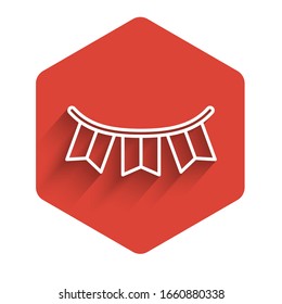 White line Carnival garland with flags icon isolated with long shadow. Party pennants for birthday celebration, festival decoration. Red hexagon button. Vector Illustration