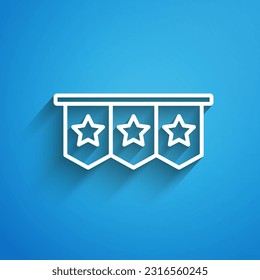 White line Carnival garland with flags icon isolated on blue background. Party pennants for birthday celebration, festival decoration. Long shadow. Vector
