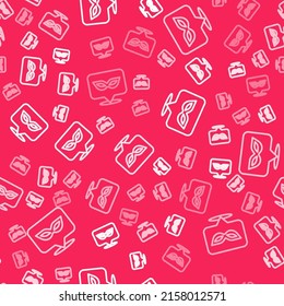 White line Carnival mask icon isolated seamless pattern on red background. Masquerade party mask.  Vector