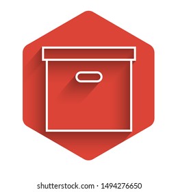 White line Carton cardboard box icon isolated with long shadow. Box, package, parcel sign. Delivery and packaging. Transportation and shipping. Red hexagon button. Vector Illustration