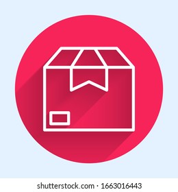 White line Carton cardboard box icon isolated with long shadow. Box, package, parcel sign. Delivery and packaging. Red circle button. Vector Illustration