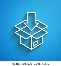 Linha branca Ícone da caixa de papelão de cartão isolado no fundo azul. Caixa, embalagem, sinal de encomenda. Entrega e embalagem. Sombra longa. Vetor