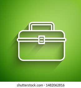 White line Case or box container for wobbler and gear fishing equipment icon isolated on green background. Fishing tackle.  Vector Illustration