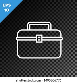 White line Case or box container for wobbler and gear fishing equipment icon isolated on transparent dark background. Fishing tackle.  Vector Illustration