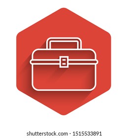 White line Case or box container for wobbler and gear fishing equipment icon isolated with long shadow. Fishing tackle. Red hexagon button. Vector Illustration