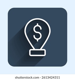 White line Cash location pin icon isolated with long shadow background. Pointer and dollar symbol. Money location. Business and investment concept. Blue square button. Vector