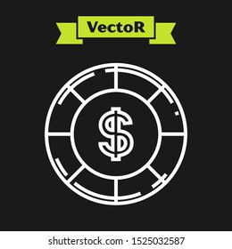 White line Casino chip with dollar symbol icon isolated on black background. Casino gambling.  Vector Illustration