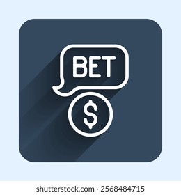 White line Casino chip with dollar symbol icon isolated with long shadow background. Casino gambling. Blue square button. Vector