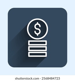 White line Casino chip with dollar symbol icon isolated with long shadow background. Casino gambling. Blue square button. Vector