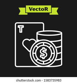 White line Casino chip and playing cards icon isolated on black background. Casino poker.  Vector Illustration