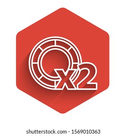 White line Casino chips icon isolated with long shadow. Casino gambling. Red hexagon button. Vector Illustration