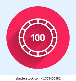 White line Casino chips icon isolated with long shadow. Casino gambling. Red circle button. Vector Illustration