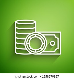 White line Casino chips and stacks paper money cash icon isolated on green background. Casino gambling.  Vector Illustration