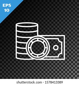 White line Casino chips and stacks paper money cash icon isolated on transparent dark background. Casino gambling.  Vector Illustration