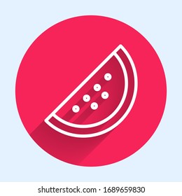 White line Casino slot machine with watermelon symbol icon isolated with long shadow. Gambling games. Red circle button. Vector Illustration