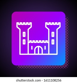 White line Castle icon isolated on black background. Fortress sign. Square color button. Vector Illustration