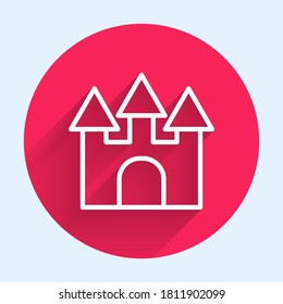 White line Castle icon isolated with long shadow. Red circle button. Vector