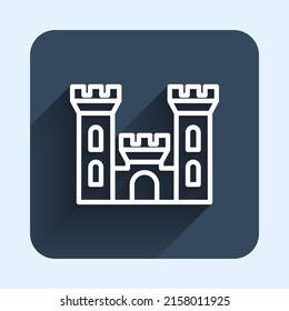 White line Castle icon isolated with long shadow background. Medieval fortress with a tower. Protection from enemies. Reliability and defense of the city. Blue square button. Vector