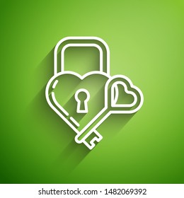 White line Castle in the shape of a heart and key icon isolated on green background. Locked Heart. Love symbol and keyhole sign.  Vector Illustration
