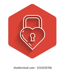 White line Castle in the shape of a heart icon isolated with long shadow. Locked Heart. Love symbol and keyhole sign. Red hexagon button. Vector Illustration