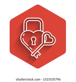 White line Castle in the shape of a heart and key icon isolated with long shadow. Locked Heart. Love symbol and keyhole sign. Red hexagon button. Vector Illustration