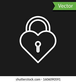 White line Castle in the shape of a heart icon isolated on black background. Locked Heart. Love symbol and keyhole sign.  Vector Illustration