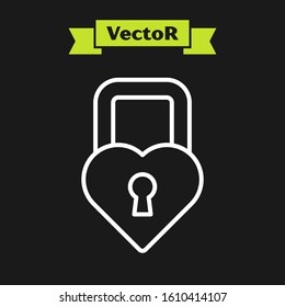 White line Castle in the shape of a heart icon isolated on black background. Locked Heart. Love symbol and keyhole sign. Valentines day.  Vector Illustration