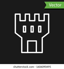 White line Castle tower icon isolated on black background. Fortress sign.  Vector Illustration