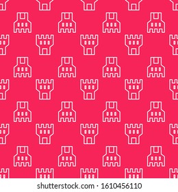 White line Castle tower icon isolated seamless pattern on red background. Fortress sign.  Vector Illustration