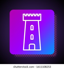 White line Castle tower icon isolated on black background. Fortress sign. Square color button. Vector Illustration