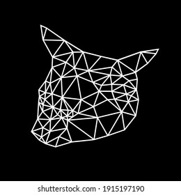 White line cat face low polygon logo vector. Black head kitty low poly shape, geometric animal graphic sign, pet crystal icon design, triangular kitten isolated on dark background.