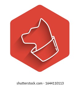 White line Cat icon isolated with long shadow. Red hexagon button. Vector Illustration