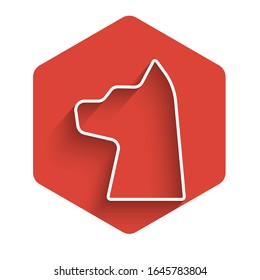 White line Cat icon isolated with long shadow. Red hexagon button. Vector Illustration