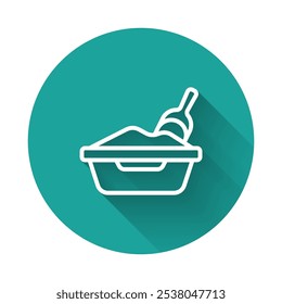 White line Cat litter tray with shovel icon isolated with long shadow background. Sandbox cat with shovel. Green circle button. Vector
