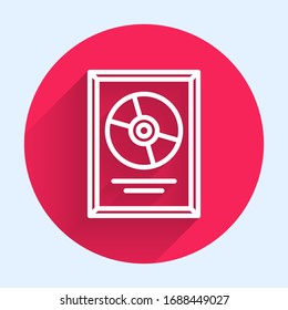 White line CD disk award in frame icon isolated with long shadow. Modern ceremony. Best seller. Musical trophy. Red circle button. Vector Illustration