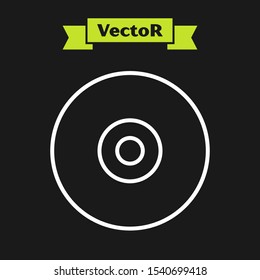 White line CD or DVD disk icon isolated on black background. Compact disc sign.  Vector Illustration