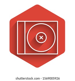 White line CD or DVD disk icon isolated with long shadow. Compact disc sign. Red hexagon button. Vector Illustration