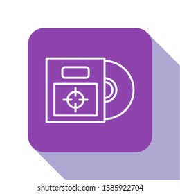 White line CD or DVD disk in box icon isolated on white background. Compact disc sign. Purple square button. Vector Illustration